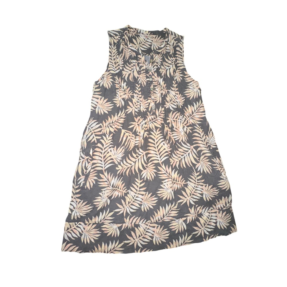 Faherty Isha Linen Blend Palm Print Sleeveless Pintuck Shift Dress Grey Medium